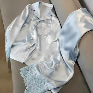 <span class=keywords><strong>Pigiama</strong></span> Estivo da Donna Due Pezzi Lungo Sexy in Pizzo Motivo Tinta Unita in Seta Artificiale con Colletto Alto - Product Image 5