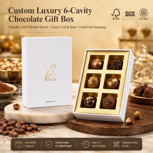 Scatola per Cioccolatini a 6 Cavità di Grado Alimentare, Scatola di Presentazione con Logo Stampato in Lamina d'Oro, Carta Patinata e Cartone Grigio per Cioccolatieri - Product Image 1