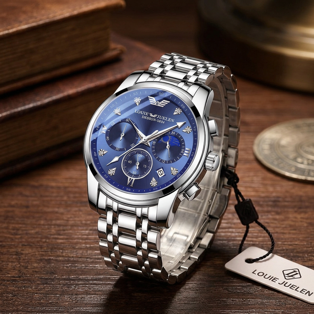 Men's Quartz Watch Luminous Moon Star Calendar Stainless Steel Bracelet Wrist Watch