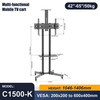 Chariot TV mobile avec roulettes, support en acier laminé à froid pour téléviseurs de 32 à 65 pouces, chariot roulant réglable en hauteur, roulettes silencieuses et gestion des câbles