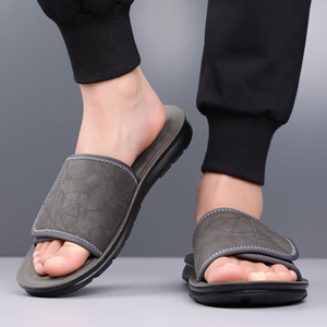 Pu <b>Slides</b> Open Toe Anti <b>Slip</b> Rubber Outsole Casual Men's Sandals Solid Color Embossed Logo - Product Image 3