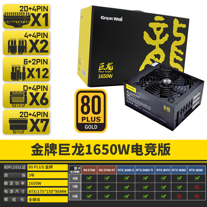 Great Wall 1650W Power Supply - 80PLUS Gold, Fully Modular 
