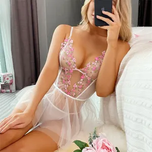 2023 Hot Sale Custom Polyester Embroidery Mesh See Through Floral Pajamas Dress Sexy Woman Lingerie Summer