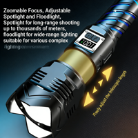 Lampe torche tactique rechargeable super lumineuse en alliage d'aluminium avec zoom et affichage numérique, portable pour usage extérieur (vente en gros)