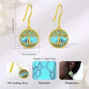 แฟชั่น 925 เงินสเตอร์ลิง 18K Gold Platedเครื่องประดับรอบหินเทอร์ควอยซ์ต้นไม้ของชีวิตที่สวยงามDropต่างหูผู้หญิง - Product Image 3