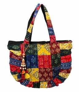 Handmade Vintage Multicolor Cotton Kantha Women's <b>Tote</b> <b>Bag</b> Floral Design <b>Zip</b> Closure Portable Two Straps for Summer Autumn Wear - Product Image 1