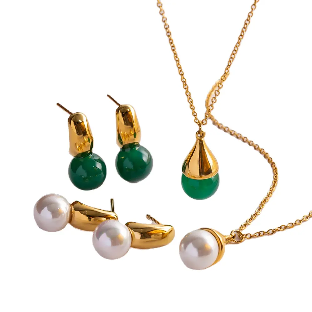 18K Vergulde Rvs Hanger Ketting Mode Parel Groene Agaat Groene Onyx Hanger Oorbellen Sieraden Set