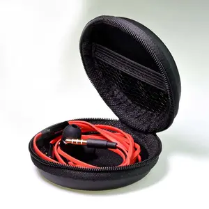 Headphone Case Black Pouch Round Zippered EVA Hard Case For Earphone Earbuds USB Cables