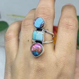 แหวนพลอยเทอร์ควอยส์สีเงินสเตอร์ลิงทำด้วยมือแหวนของขวัญแต่งงานหรือปาร์ตี้สีธรรมชาติ925 - Product Image 3