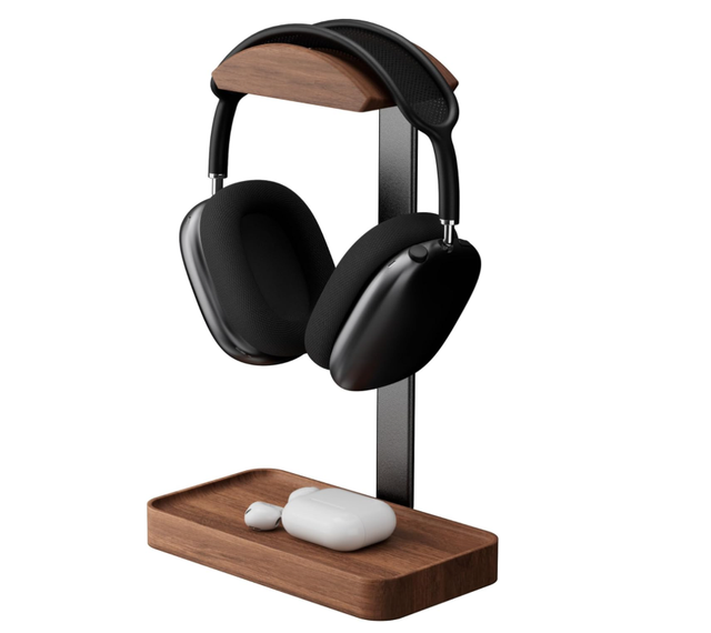 Wood Walnut Headphone Stand, Wood Headset Stand with Storage Base, Headphones Holder for Gaming, Office, and Home Desk