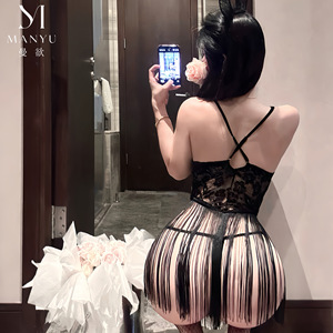 Sexy and alluring lingerie, hot tassel nightgown, open crotch, sexy and passionate uniform, lace hollow-out see-through - Product Image 4