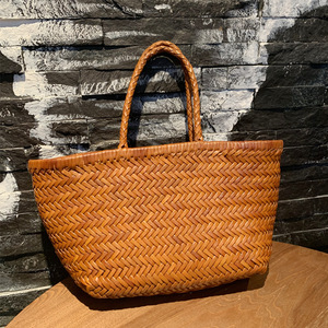 Sac tissé rétro très tendance en cuir véritable, panier à nourriture français grande capacité, sac à main en cuir de vachette pleine fleur - Product Image 5