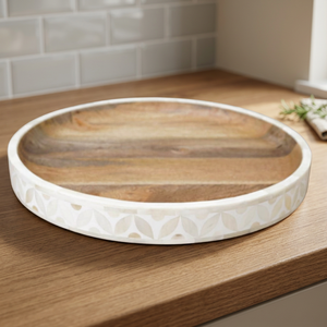 Indian Wholesale Handcrafted Round Shape Wooden <b>Tray</b> with White Leaf Pattern Bone Inlay <b>Sides</b> Used for Serving & Gifting - Product Image 1