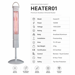 Premium Heater01 Freestanding Infrared Patio Anodized Aluminum Heater 1500W IP65 <b>Outdoor</b> Electric Remote Control LCD <b>Timer</b> - Product Image 2