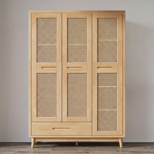 Modern Wooden <b>Wardrobe</b> With Cane Panel Doors Hinged Freestanding Bedroom Storage Cabinet Scandinavian Design - Product Image 1