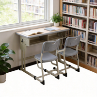 Bureau d'étude double en bois massif avec chaise intégrée, tiroirs séparés, grand espace de rangement, design avec fente pour stylos