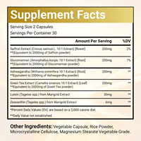 Suplemento para la Salud Ocular y Alivio del Estrés para Adultos, Luteína Premium 20mg, Zeaxantina, Ashwagandha, Sin Gluten, Natural, OEM/ODM