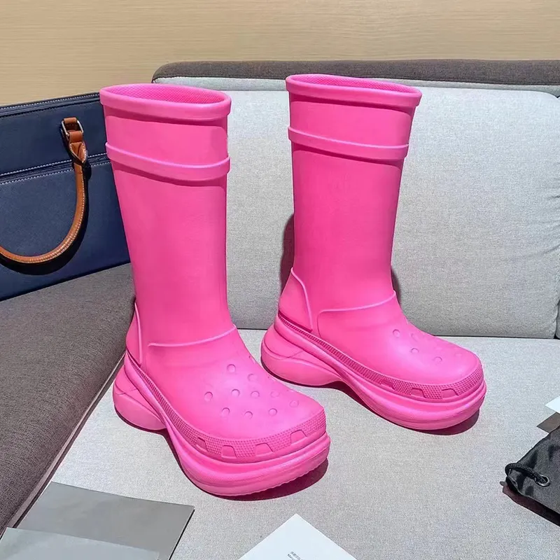 Designer Platform Knee High Boots for Women Heel increasing Jelly Color Rubber Upper Cotton Lining platform Rain boots