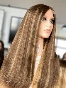 Premium European Hair Silk Top Lace Top Bandfall Jewish Wig <b>Brown</b> Highlights High Quality Straight Style Factory Supply Qingdao - Product Image 5