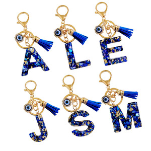 <span class=keywords><strong>Porte</strong></span>-clés en plastique bleu œil de diable avec pampille, motif lettre initiale anglaise (26 lettres), idéal pour filles, femmes et dames - Vente en gros - Product Image 1