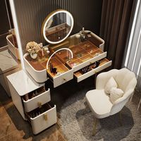 Coiffeuse de luxe en bois massif avec plateau en verre, miroir à 3 couleurs lumineuses, entièrement assemblée, table de maquillage haut de gamme pour chambre à coucher