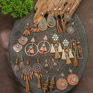 Bohemian Geometric <b>Drop</b> Earrings Antique <b>Bronze</b> Plated Wood Zinc Alloy Women's Party Fashion Jewelry 2025 - Product Image 1