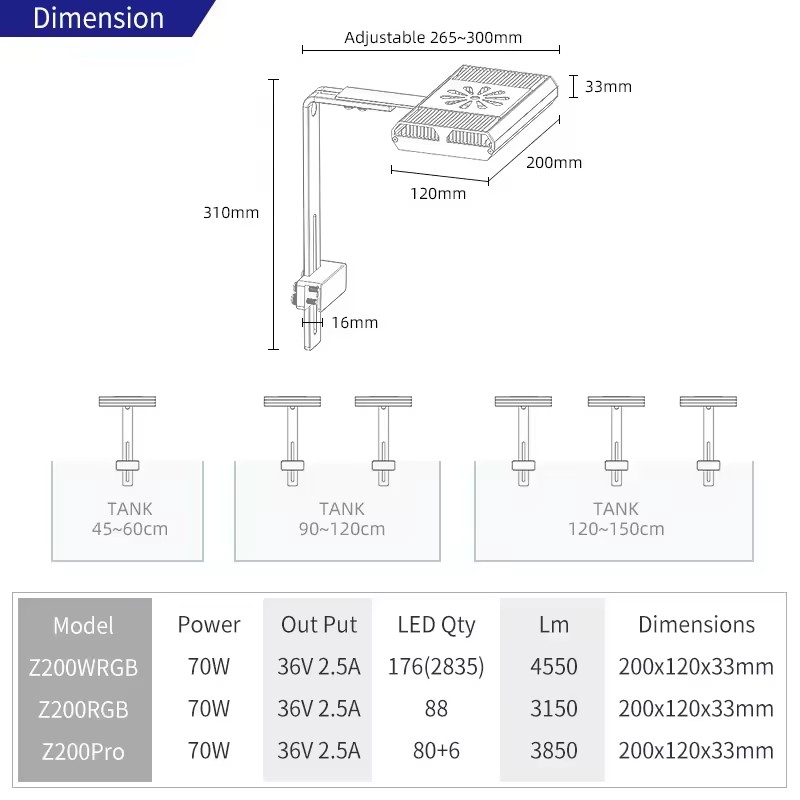 ライト・照明器具 WEEK AQUA Z200Pro WEEK AQUA LED Z200 RGB/WRGB 70w - Full Spectrum Aquarium Light
