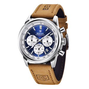 Reloj Cronógrafo para Hombre Benyar, Reloj Deportivo de Cuarzo con Esfera Azul, Correa de Cuero, Resistente al Agua, Luminoso, con Tacómetro - Product Image 5