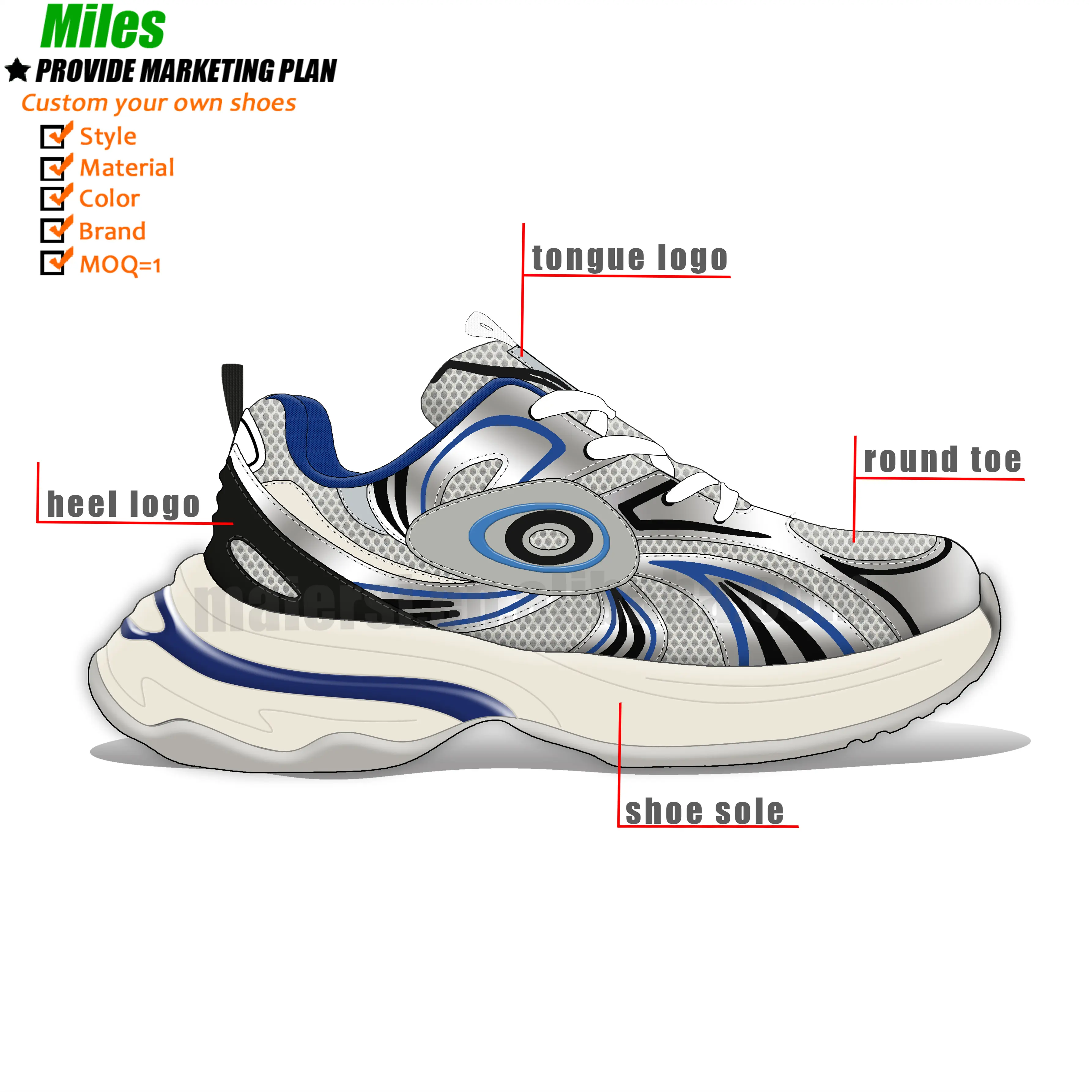 2024 Sapatos de ginástica de alta qualidade com sola grossa e design multicolorido de marca personalizados com logotipo de malha de couro, sapatos elegantes para caminhar