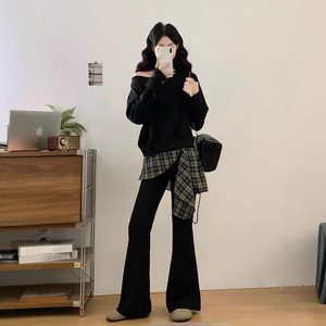Women's Off-Shoulder Sweatshirt Plaid Patchwork Flared Pants Two-Piece Set Casual Knitted Outfit Black Brown Option - Product Image 2