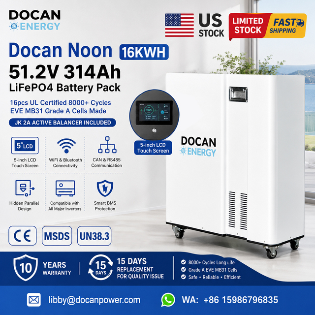 Docan Noon 51.2V 314Ah 16kWh Home Energy Storage Battery EVE MB31 LiFePO4 200A BMS Solar Power System