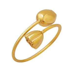 Chinese Style Lotus Seed Design Open Adjustable Size Titanium Stainless Steel 18K Gold Plated Ring for Women