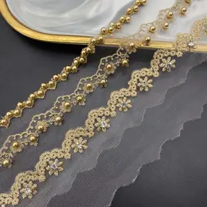 Largeur 2-4 pouces or perle broderie maille dentelle coupe perles diamant Polyester tulle dentelle pour robe de rideau