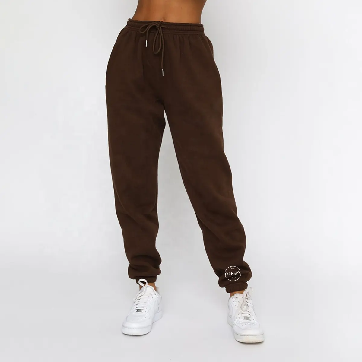 Pantalon de survêtement baggy vierge personnalisé pour femmes brodé uni doux coton polaire marron Jogging basique Gym Sports Jogger pantalon dames