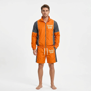 Ensemble de survêtement personnalisé orange et gris avec blocs de couleur, veste zippée à manches longues et short avec poches, style sportif pour adulte, collection printemps - Product Image 1