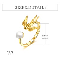 Fine Jewelry Bague ouverte oiseau hirondelle en argent sterling 925 plaqué or perle d'eau douce