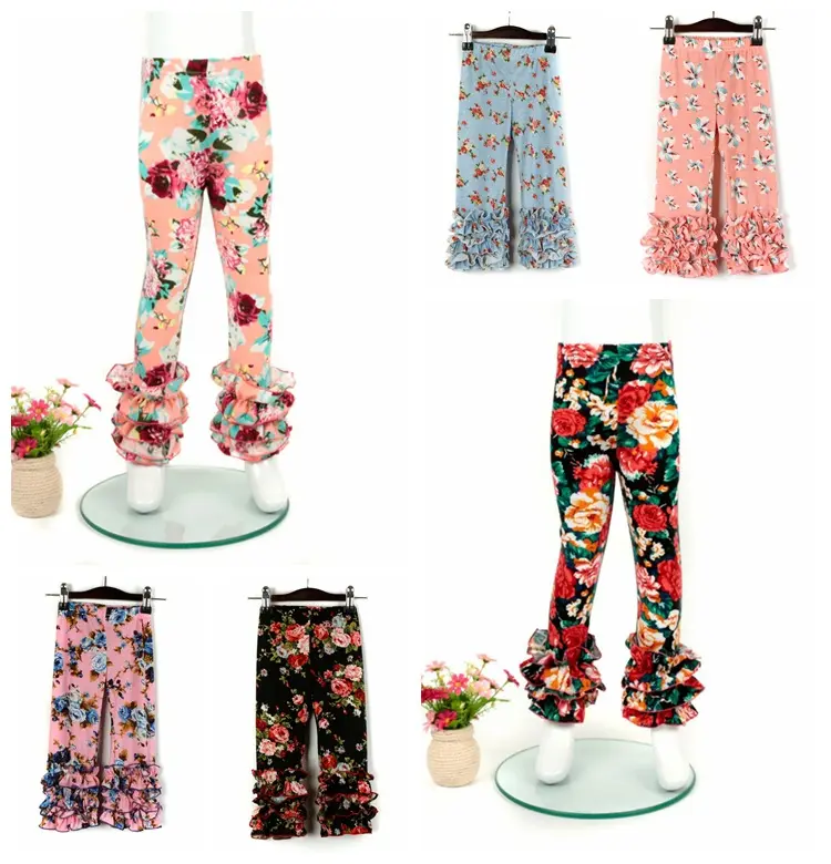 Rarewe Trending Nieuw Meisje Fashion Design Hoge Kwaliteit Op Maat Bedrukte Leggings Broek Baby Kids Bloemen Lange Ruches Legging Broek