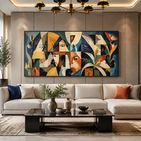 Peinture murale 3D en techniques mixtes, toile à rayures colorées, peinture à l'huile avec des figures de baigneurs pour la décoration moderne de la maison