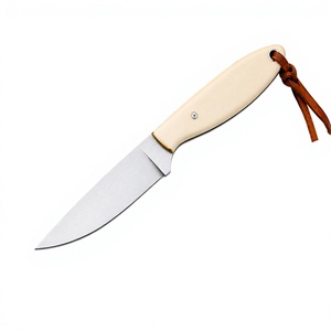 Cuchillo de camping UllU con mango de hueso, cordón de cuero marrón, hoja de acero inoxidable con punta degradada y serrada, grosor de 0.5 mm, 15 pulgadas de largo total - Product Image 1