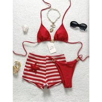 Bikini Rojo Sexy de Verano, Conjunto de 3 Piezas, Traje de Baño con Shorts para Vacaciones en la Playa 2026 para Chicas Jóvenes