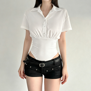 Body de mujer con cuello polo y botones, manga corta, cintura fruncida, corte alto, mono casual sexy para discoteca, tops de moda de verano - Product Image 4