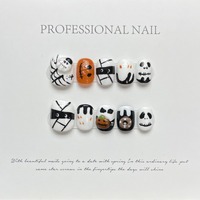 Ensemble de faux ongles courts faits main, style citrouille d'Halloween, à thème fantôme mignon et original, motif dessin animé