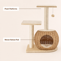 Arbre à chat de luxe classique et moderne, écologique, durable, en rotin, bois et sisal, 2 niveaux, avec griffoir et condo en carton