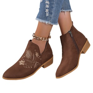 QLFashion femmes bottes 2024 automne et hiver nouveau v-bouche brodé talon épais fermeture éclair latérale cavalier rétro bas baril Pointe - Product Image 5