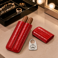 Étui à cigares portable en cuir de crocodile rouge, design classique, avec coupe-cigares à glissière 2 doigts, étui rigide, porte-guillotine de poche, cadeau pour homme