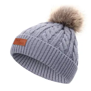 Crianças Inverno Slouch Pom Pom Knit Beanie Chapéus Custom Knitted Pom Beanie Hat