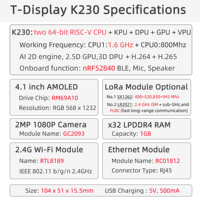 Placa de Desarrollo LILYGO T-Display K230 con CPU Dual RISC-V de 64 bits, Pantalla AMOLED de 4.1 Pulgadas, Cámara 1080P, Wi-Fi, Bluetooth y Expansión LoRa