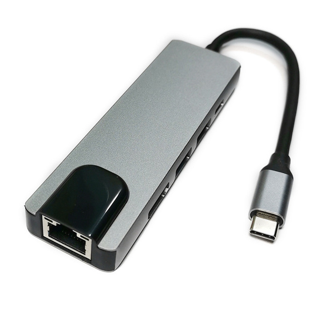 5 in 1 USB-C Hub to Ethernet Port RJ45 4K HD MI-compatible Output 2 USB 3.0 Ports 65W PD Fast Charging for Type-C Devices