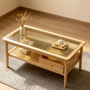 Modern <b>Solid</b> <b>Wood</b> Coffee <b>Table</b> with Tempered Glass <b>Top</b> Storage Shelf Scandinavian Living Room Furniture - Product Image 1