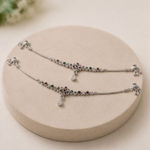 Paire de chevillères en argent 925, Payal traditionnel serti de pierres pour femme, élégantes chevillères en argent sterling faites à la main, chevillères de créateur - Product Image 5
